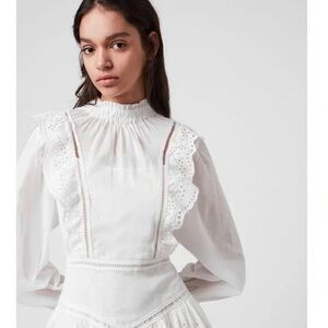 ALL SAINTS AISLYN EYELET WHITE LONG SLEEVE RUFFLE MINI DRESS ✨